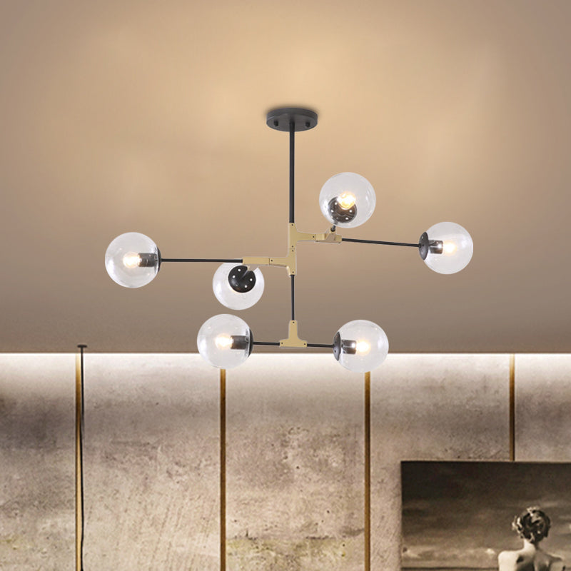Simple Style Line Chandelier 6/8/10-Head Metal Hanging Light with Amber/Clear/Smoke Glass Ball Shade for Study Room Clearhalo 'Ceiling Lights' 'Chandeliers' 'Clear' 'Glass shade' 'Glass' 'Industrial' 'Modern Chandeliers' 'Modern' 'Tiffany' 'Traditional Chandeliers' Lighting' 1523047