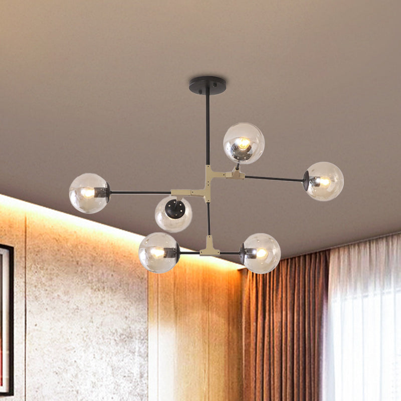 Simple Style Line Chandelier 6/8/10-Head Metal Hanging Light with Amber/Clear/Smoke Glass Ball Shade for Study Room Clearhalo 'Ceiling Lights' 'Chandeliers' 'Clear' 'Glass shade' 'Glass' 'Industrial' 'Modern Chandeliers' 'Modern' 'Tiffany' 'Traditional Chandeliers' Lighting' 1523051