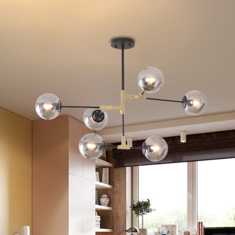 Simple Style Line Chandelier 6/8/10-Head Metal Hanging Light with Amber/Clear/Smoke Glass Ball Shade for Study Room 6 Smoke Gray Clearhalo 'Ceiling Lights' 'Chandeliers' 'Clear' 'Glass shade' 'Glass' 'Industrial' 'Modern Chandeliers' 'Modern' 'Tiffany' 'Traditional Chandeliers' Lighting' 1523053