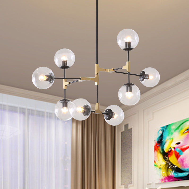 Simple Style Line Chandelier 6/8/10-Head Metal Hanging Light with Amber/Clear/Smoke Glass Ball Shade for Study Room 8 Clear Clearhalo 'Ceiling Lights' 'Chandeliers' 'Clear' 'Glass shade' 'Glass' 'Industrial' 'Modern Chandeliers' 'Modern' 'Tiffany' 'Traditional Chandeliers' Lighting' 1523056
