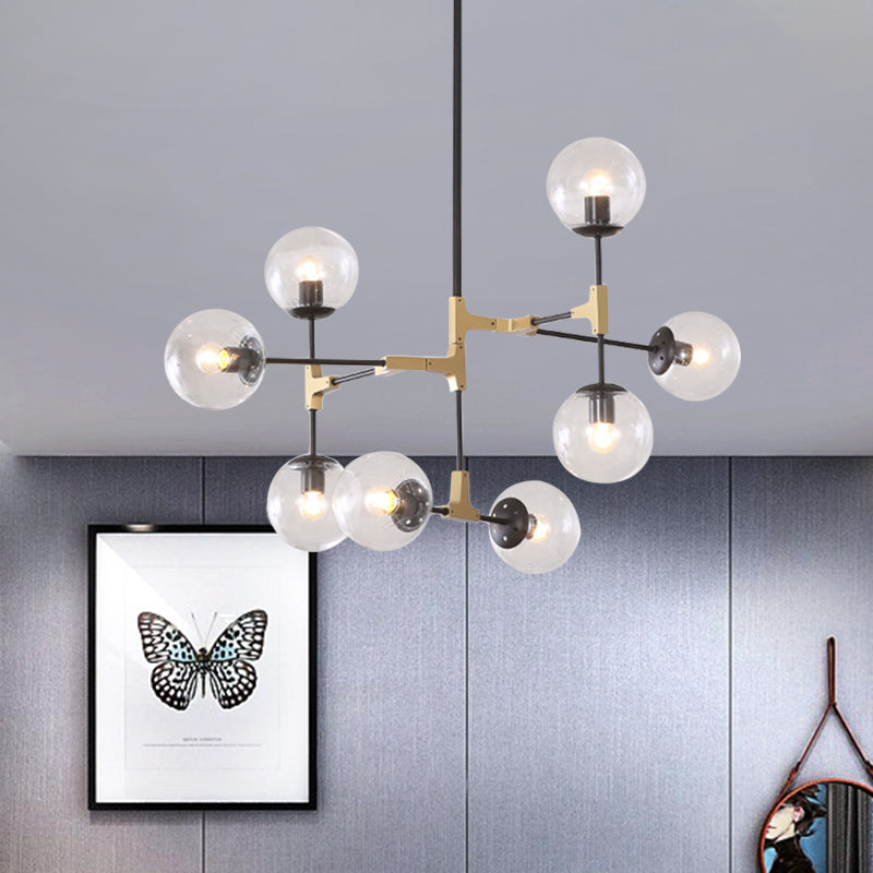 Simple Style Line Chandelier 6/8/10-Head Metal Hanging Light with Amber/Clear/Smoke Glass Ball Shade for Study Room Clearhalo 'Ceiling Lights' 'Chandeliers' 'Clear' 'Glass shade' 'Glass' 'Industrial' 'Modern Chandeliers' 'Modern' 'Tiffany' 'Traditional Chandeliers' Lighting' 1523057
