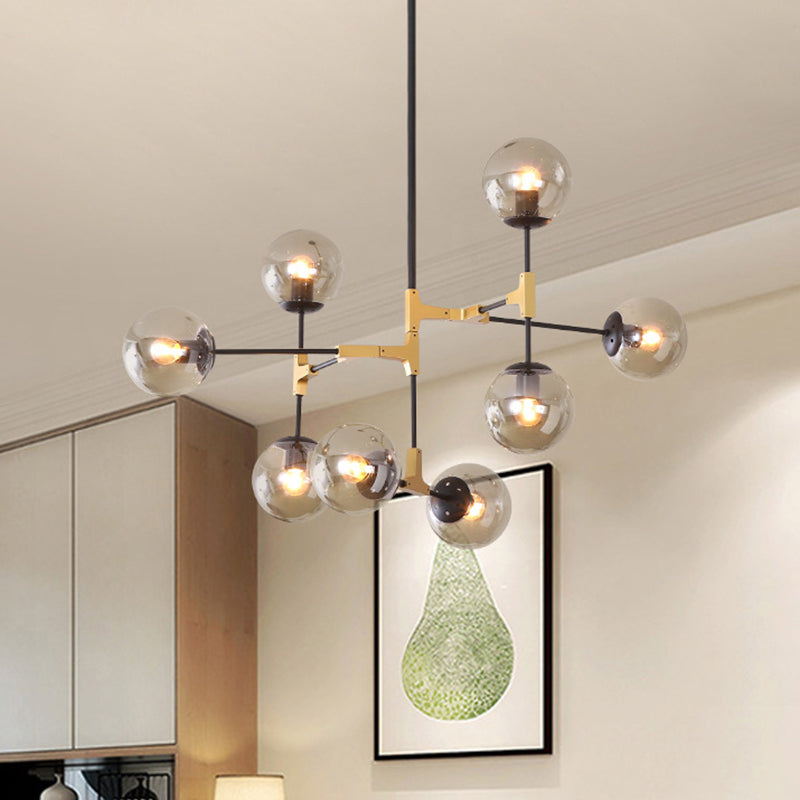 Simple Style Line Chandelier 6/8/10-Head Metal Hanging Light with Amber/Clear/Smoke Glass Ball Shade for Study Room Clearhalo 'Ceiling Lights' 'Chandeliers' 'Clear' 'Glass shade' 'Glass' 'Industrial' 'Modern Chandeliers' 'Modern' 'Tiffany' 'Traditional Chandeliers' Lighting' 1523064