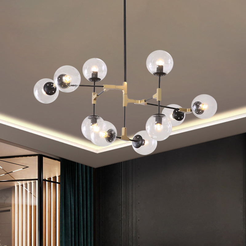 Simple Style Line Chandelier 6/8/10-Head Metal Hanging Light with Amber/Clear/Smoke Glass Ball Shade for Study Room 10 Clear Clearhalo 'Ceiling Lights' 'Chandeliers' 'Clear' 'Glass shade' 'Glass' 'Industrial' 'Modern Chandeliers' 'Modern' 'Tiffany' 'Traditional Chandeliers' Lighting' 1523066