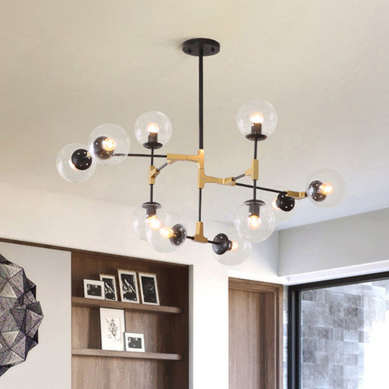 Simple Style Line Chandelier 6/8/10-Head Metal Hanging Light with Amber/Clear/Smoke Glass Ball Shade for Study Room Clearhalo 'Ceiling Lights' 'Chandeliers' 'Clear' 'Glass shade' 'Glass' 'Industrial' 'Modern Chandeliers' 'Modern' 'Tiffany' 'Traditional Chandeliers' Lighting' 1523067