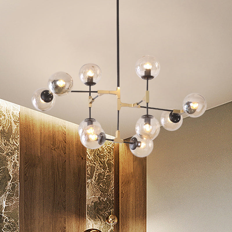 Simple Style Line Chandelier 6/8/10-Head Metal Hanging Light with Amber/Clear/Smoke Glass Ball Shade for Study Room 10 Amber Clearhalo 'Ceiling Lights' 'Chandeliers' 'Clear' 'Glass shade' 'Glass' 'Industrial' 'Modern Chandeliers' 'Modern' 'Tiffany' 'Traditional Chandeliers' Lighting' 1523070