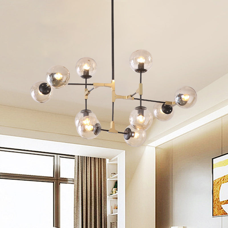 Simple Style Line Chandelier 6/8/10-Head Metal Hanging Light with Amber/Clear/Smoke Glass Ball Shade for Study Room Clearhalo 'Ceiling Lights' 'Chandeliers' 'Clear' 'Glass shade' 'Glass' 'Industrial' 'Modern Chandeliers' 'Modern' 'Tiffany' 'Traditional Chandeliers' Lighting' 1523071