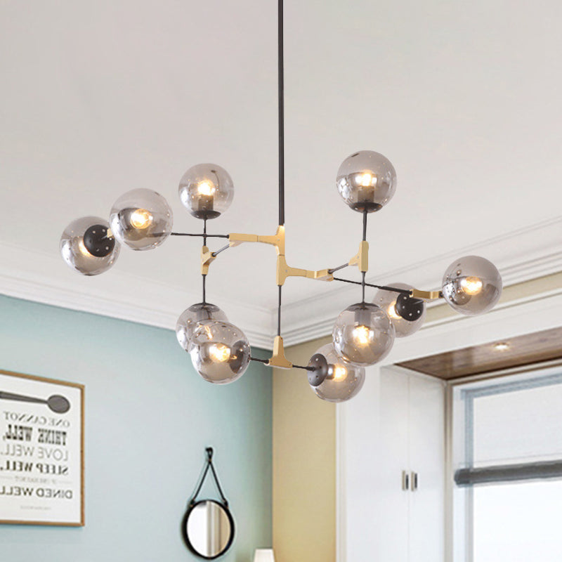 Simple Style Line Chandelier 6/8/10-Head Metal Hanging Light with Amber/Clear/Smoke Glass Ball Shade for Study Room 10 Smoke Gray Clearhalo 'Ceiling Lights' 'Chandeliers' 'Clear' 'Glass shade' 'Glass' 'Industrial' 'Modern Chandeliers' 'Modern' 'Tiffany' 'Traditional Chandeliers' Lighting' 1523073