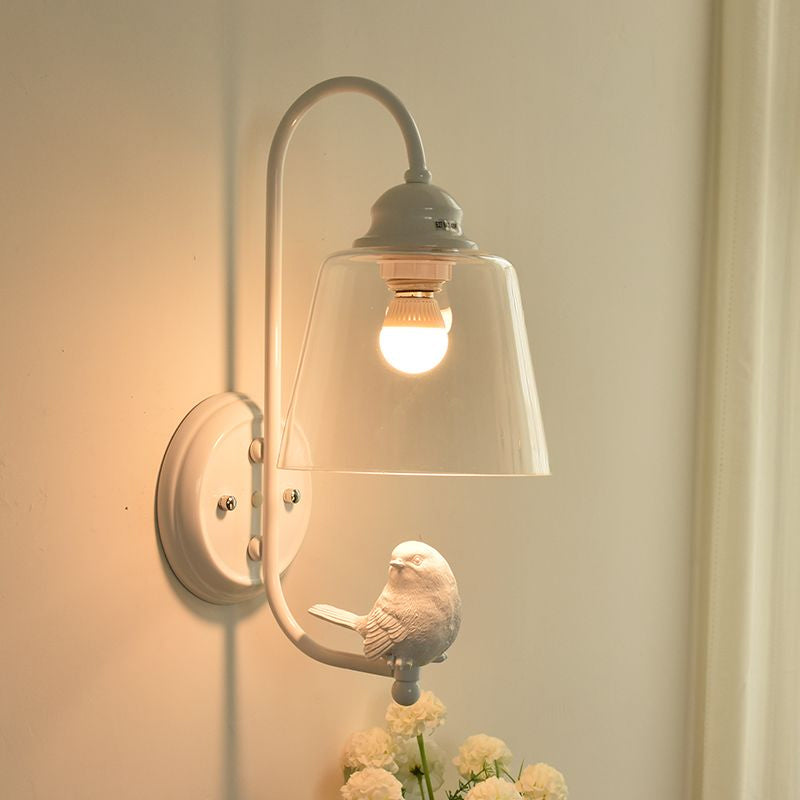 Cone Wall Lamp Modernist Clear Glass 1 Light White/Black Flush Mount Wall Sconce with White Bird Clearhalo 'Cast Iron' 'Glass' 'Industrial' 'Modern wall lights' 'Modern' 'Tiffany' 'Traditional wall lights' 'Wall Lamps & Sconces' 'Wall Lights' Lighting' 1523327