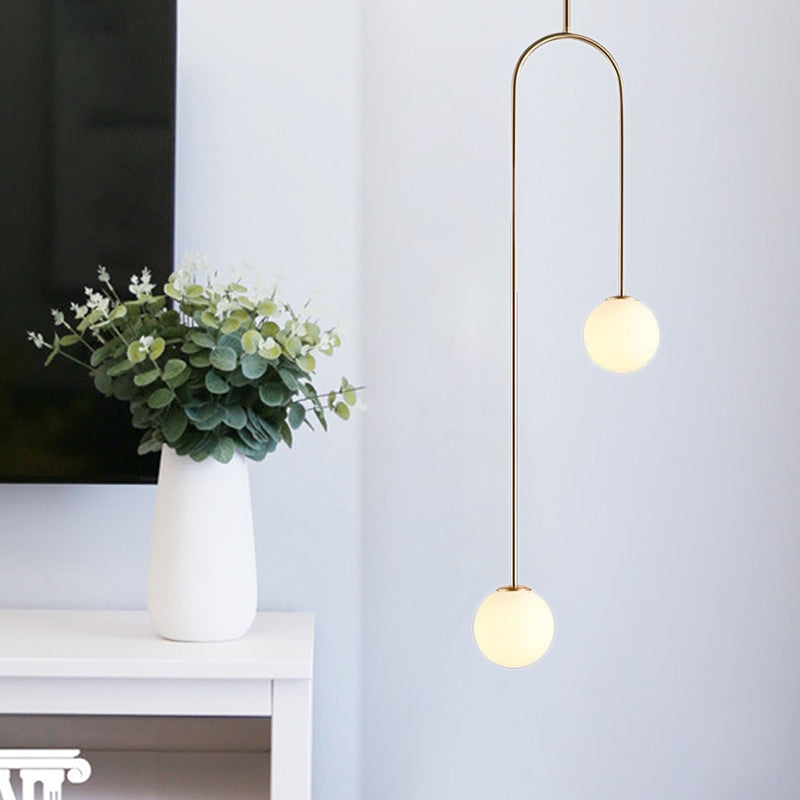 Black/Gold Ball Cluster Pendant Post-Modernist 2 Lights White Glass Led Ceiling Light Fixture with Bend Rod Clearhalo 'Ceiling Lights' 'Chandeliers' 'Glass shade' 'Glass' 'Modern Pendants' 'Modern' 'Pendant Lights' 'Pendants' Lighting' 1523405