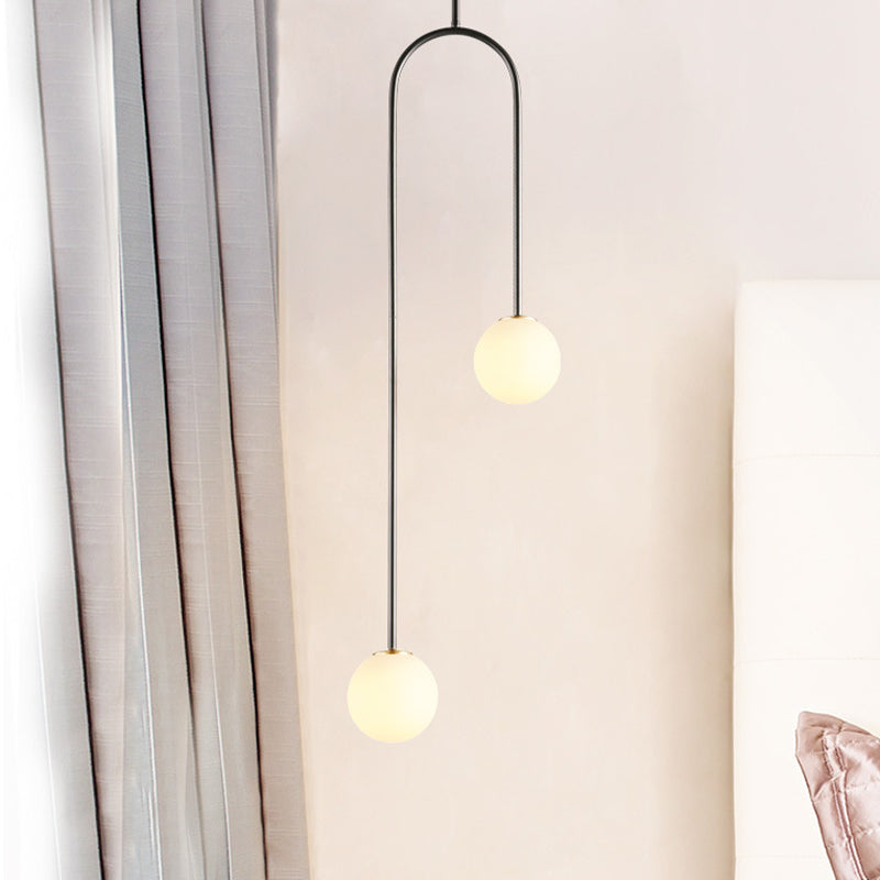 Black/Gold Ball Cluster Pendant Post-Modernist 2 Lights White Glass Led Ceiling Light Fixture with Bend Rod Clearhalo 'Ceiling Lights' 'Chandeliers' 'Glass shade' 'Glass' 'Modern Pendants' 'Modern' 'Pendant Lights' 'Pendants' Lighting' 1523406