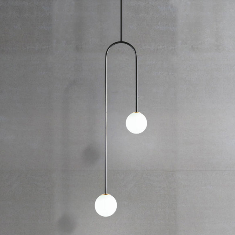 Black/Gold Ball Cluster Pendant Post-Modernist 2 Lights White Glass Led Ceiling Light Fixture with Bend Rod Clearhalo 'Ceiling Lights' 'Chandeliers' 'Glass shade' 'Glass' 'Modern Pendants' 'Modern' 'Pendant Lights' 'Pendants' Lighting' 1523407