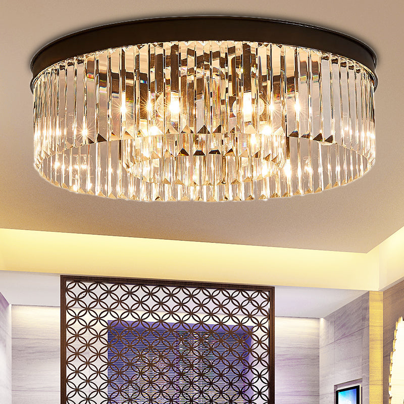 Vintage Circular Flush Mount Lighting Metal 4/6/8 Lights Ceiling Lamp with Clear Crystal Prism in Black 8 Black Clearhalo 'Ceiling Lights' 'Close To Ceiling Lights' 'Close to ceiling' 'Flush mount' Lighting' 152541
