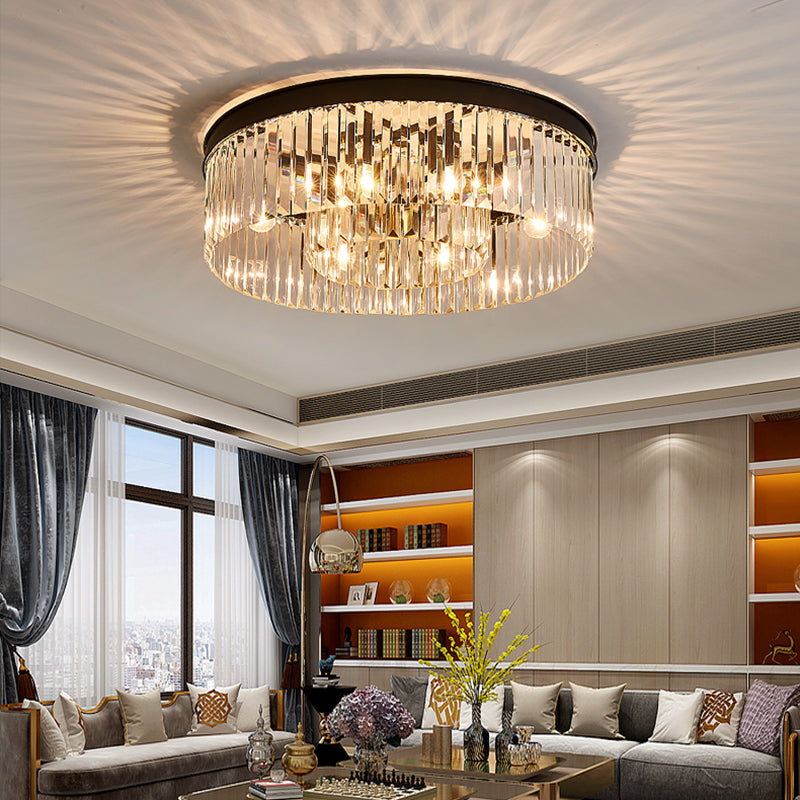 Vintage Circular Flush Mount Lighting Metal 4/6/8 Lights Ceiling Lamp with Clear Crystal Prism in Black Clearhalo 'Ceiling Lights' 'Close To Ceiling Lights' 'Close to ceiling' 'Flush mount' Lighting' 152542