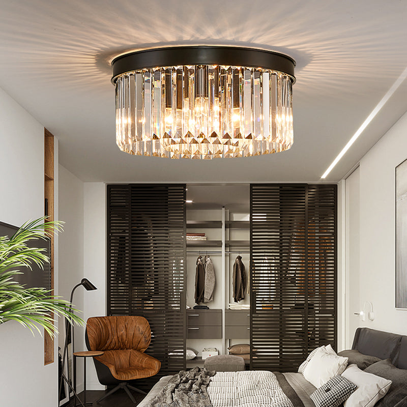 Vintage Circular Flush Mount Lighting Metal 4/6/8 Lights Ceiling Lamp with Clear Crystal Prism in Black Clearhalo 'Ceiling Lights' 'Close To Ceiling Lights' 'Close to ceiling' 'Flush mount' Lighting' 152546