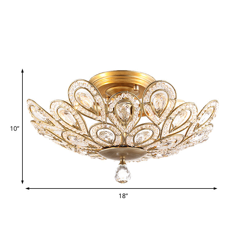 Brass Peacock Tail Flush Ceiling Light 3/5 Lights Lodge Style Metal Ceiling Lamp with Crystal Bead for Living Room Clearhalo 'Ceiling Lights' 'Close To Ceiling Lights' 'Close to ceiling' 'Semi-flushmount' Lighting' 152594