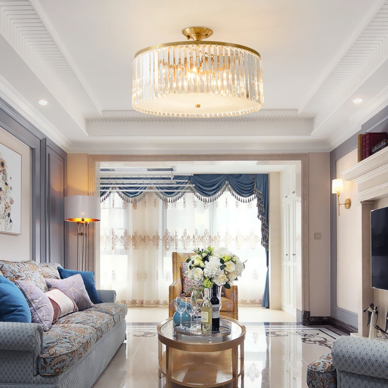 4/5/6 Bulbs Drum Semi Flush Ceiling Light Modern Clear Crystal Ceiling Lamp in Gold for Living Room Gold 15" Clearhalo 'Ceiling Lights' 'Close To Ceiling Lights' 'Close to ceiling' 'Semi-flushmount' Lighting' 152617