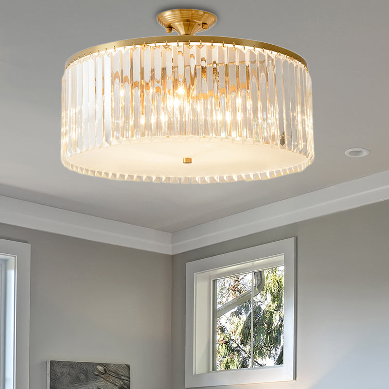 4/5/6 Bulbs Drum Semi Flush Ceiling Light Modern Clear Crystal Ceiling Lamp in Gold for Living Room Gold 19" Clearhalo 'Ceiling Lights' 'Close To Ceiling Lights' 'Close to ceiling' 'Semi-flushmount' Lighting' 152619