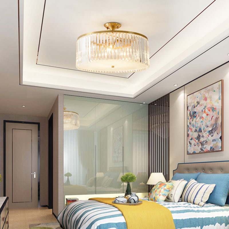 4/5/6 Bulbs Drum Semi Flush Ceiling Light Modern Clear Crystal Ceiling Lamp in Gold for Living Room Clearhalo 'Ceiling Lights' 'Close To Ceiling Lights' 'Close to ceiling' 'Semi-flushmount' Lighting' 152622