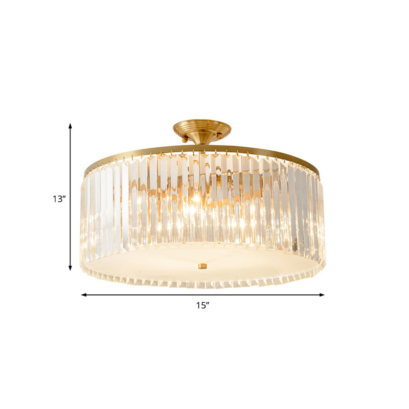4/5/6 Bulbs Drum Semi Flush Ceiling Light Modern Clear Crystal Ceiling Lamp in Gold for Living Room Clearhalo 'Ceiling Lights' 'Close To Ceiling Lights' 'Close to ceiling' 'Semi-flushmount' Lighting' 152624