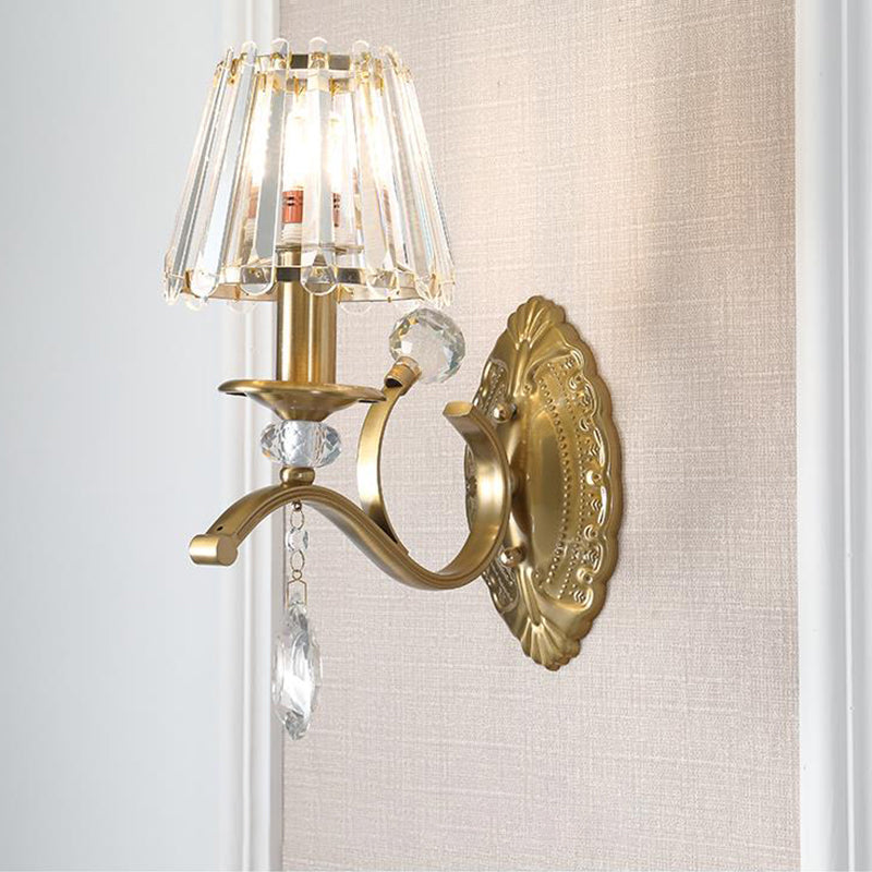Gold Metallic Wall Lamp Vintage Style Conical 1/2-Light Sconce Lighting with Teardrop Crystal Decoration 1.0 Gold Clearhalo 'Modern wall lights' 'Modern' 'Wall Lamps & Sconces' 'Wall Lights' Lighting' 153016