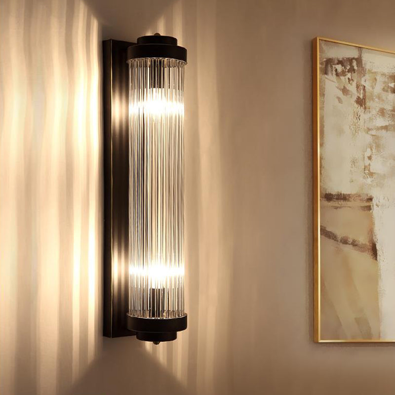 Pipe Wall Mounted Lamp Modern Style Clear Crystal and Metal 2 Lights Sconce Fixture in Black for Bedside Clearhalo 'Modern wall lights' 'Modern' 'Wall Lamps & Sconces' 'Wall Lights' Lighting' 153034