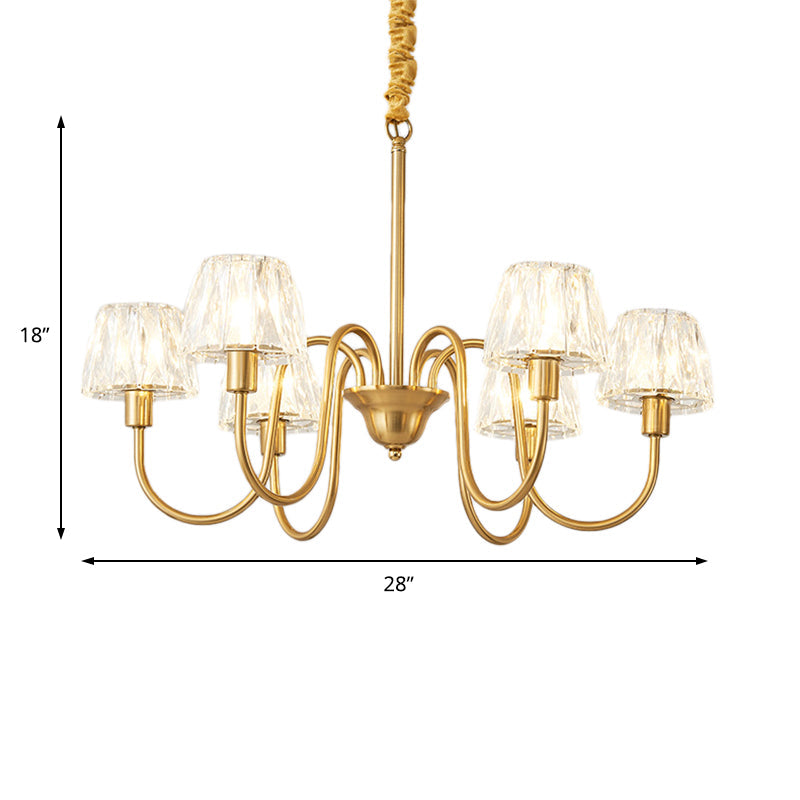 Brushed Brass Cone Hanging Ceiling Light Modern Crystal 3/6/8 Lights Suspension Light with Curved Arm Clearhalo 'Ceiling Lights' 'Chandeliers' 'Modern Chandeliers' 'Modern' Lighting' 153147