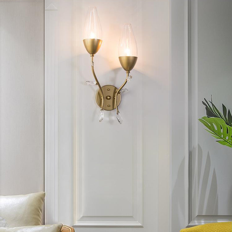 1/2-Bulb Mini Wall Lighting Modern Metallic Sconce Light with Crystal Leaf Design in Gold Finish for Bedroom Clearhalo 'Cast Iron' 'Glass' 'Industrial' 'Modern wall lights' 'Modern' 'Tiffany' 'Traditional wall lights' 'Wall Lamps & Sconces' 'Wall Lights' Lighting' 153262