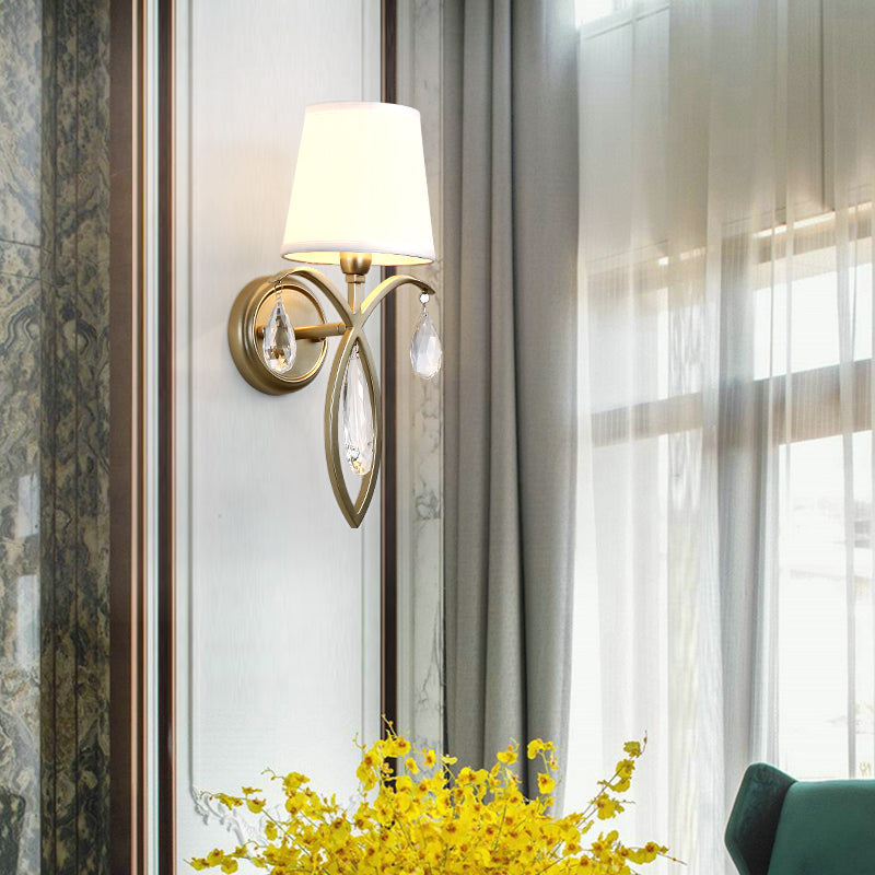 1 Light Conic Wall Lamp Modern Stylish Fabric Sconce Light with Teardrop Crystal Deco in Brass for Bedroom Clearhalo 'Modern wall lights' 'Modern' 'Wall Lamps & Sconces' 'Wall Lights' Lighting' 153397