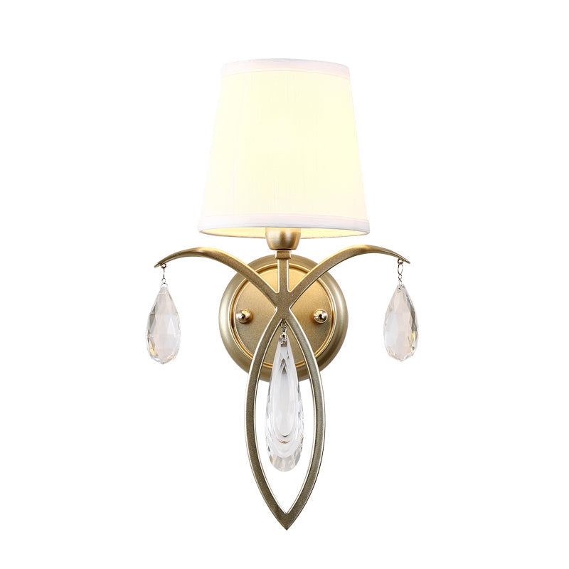 1 Light Conic Wall Lamp Modern Stylish Fabric Sconce Light with Teardrop Crystal Deco in Brass for Bedroom Clearhalo 'Modern wall lights' 'Modern' 'Wall Lamps & Sconces' 'Wall Lights' Lighting' 153398