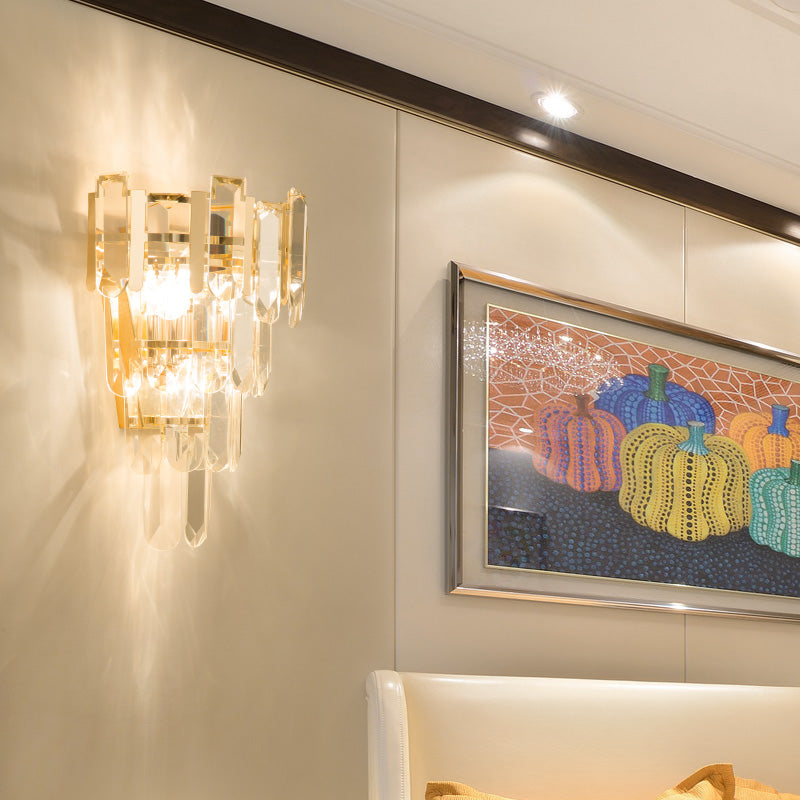 Clear Crystal Layered Wall Lamp Contemporary 3 Lights Wall Mounted Light in Gold for Bedroom Gold Clearhalo 'Modern wall lights' 'Modern' 'Wall Lamps & Sconces' 'Wall Lights' Lighting' 153432