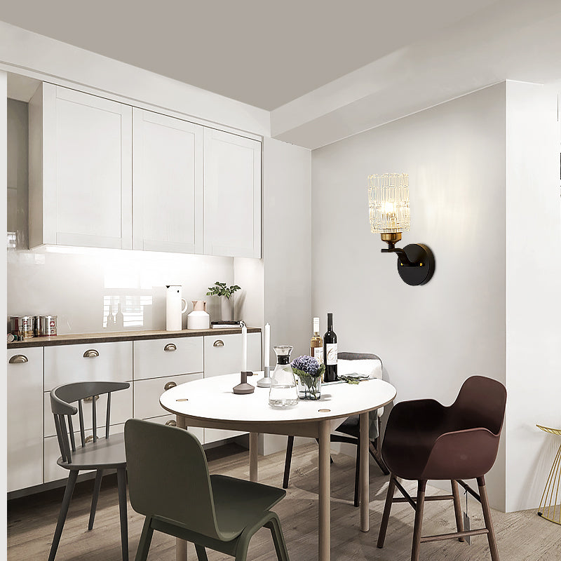 Clear Crystal Cylinder Wall Light Sconce Contemporary 1 Light Sconce Lamp with Metal Curved Arm in Black Black Clearhalo 'Cast Iron' 'Glass' 'Industrial' 'Modern wall lights' 'Modern' 'Tiffany' 'Traditional wall lights' 'Wall Lamps & Sconces' 'Wall Lights' Lighting' 153451