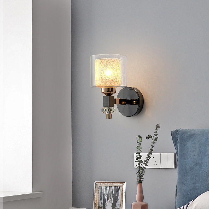 Contemporary Cylindrical Wall Mount Light Metal and Glass 1 Light Sconce Lamp in Black for Hallway Black Clearhalo 'Modern wall lights' 'Modern' 'Wall Lamps & Sconces' 'Wall Lights' Lighting' 153478
