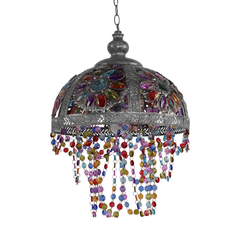 Silver/Rust Dome Shade Hanging Light with Beaded Strand Bohemia Style 1 Light Ceiling Light Fixture Clearhalo 'Art Deco Pendants' 'Cast Iron' 'Ceiling Lights' 'Ceramic' 'Crystal' 'Industrial Pendants' 'Industrial' 'Metal' 'Middle Century Pendants' 'Pendant Lights' 'Pendants' 'Tiffany' Lighting' 153593