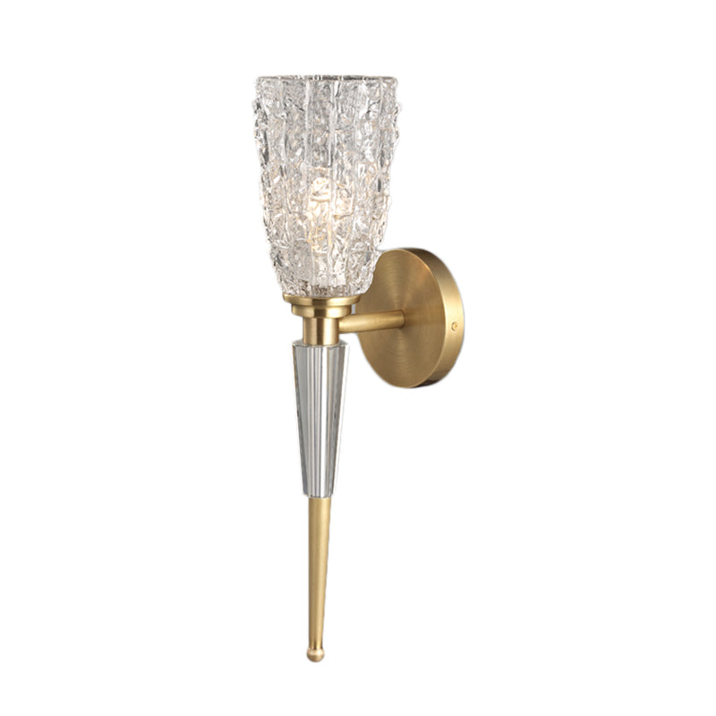 Clear Crystal Wall Lamp Fixture Contemporary 1 Light Sconce Light with Cylinder/Tapered Shade in Gold Clearhalo 'Modern wall lights' 'Modern' 'Wall Lamps & Sconces' 'Wall Lights' Lighting' 154081
