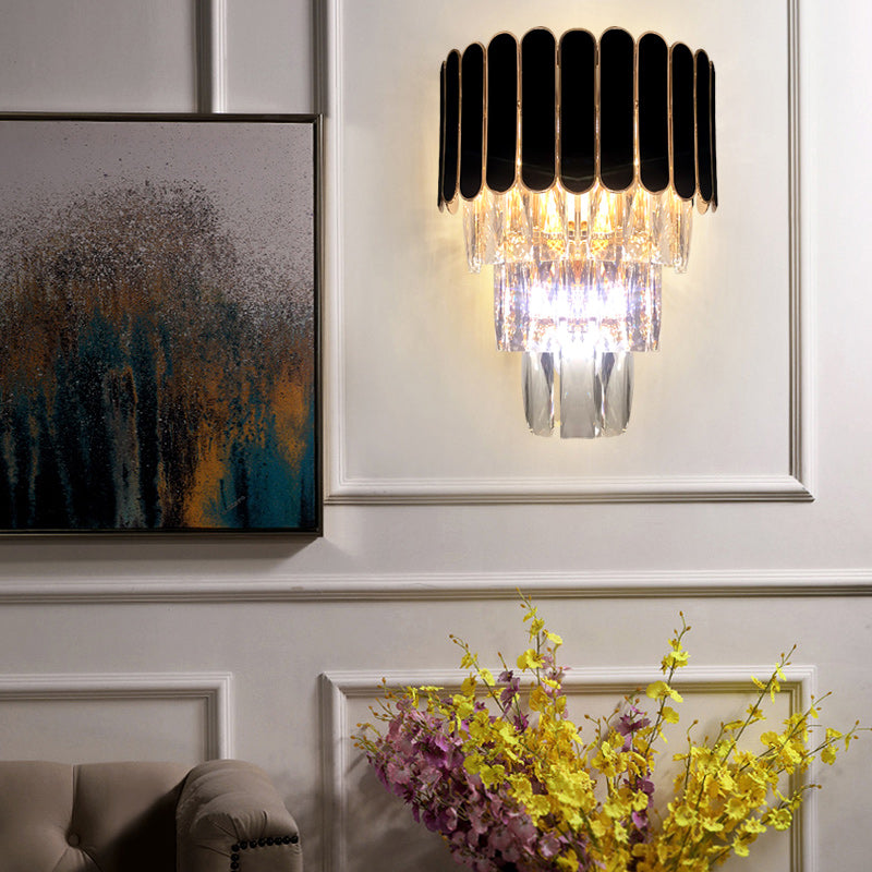 2 Lights Tiered Wall Mounted Light Modernist Metal Wall Lamp with Crystal Block in Black for Bedroom Black D Clearhalo 'Modern wall lights' 'Modern' 'Wall Lamps & Sconces' 'Wall Lights' Lighting' 154139