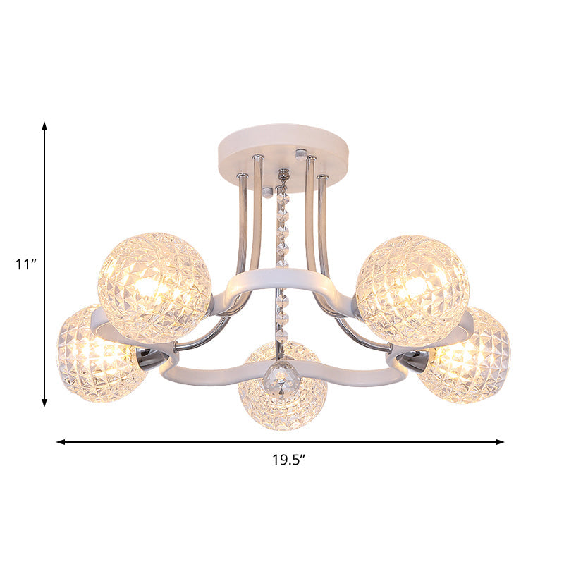 3/5 Lights Ball Semi-Flush Mount Light with Lattice Glass Shade and Crystal Drop Modern Ceiling Light in White Clearhalo 'Ceiling Lights' 'Close To Ceiling Lights' 'Close to ceiling' 'Semi-flushmount' Lighting' 154908