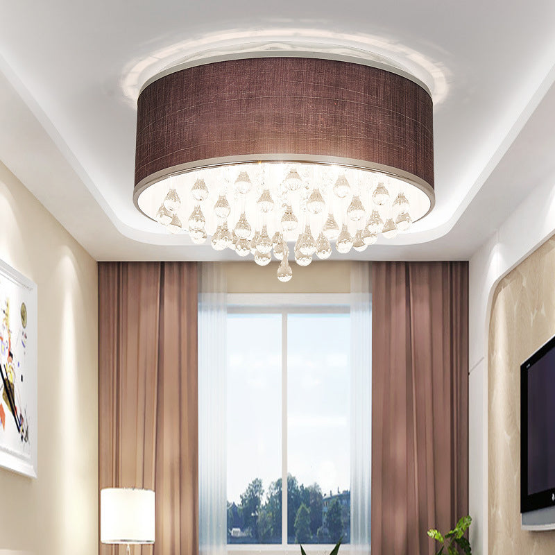 Black Drum Flush Pendant Light 6/8 Lights Contemporary Fabric Ceiling Lighting with Clear Teardrop Crystal Accent, 18"/19.5" Dia Black 19.5" Clearhalo 'Ceiling Lights' 'Close To Ceiling Lights' 'Close to ceiling' 'Flush mount' Lighting' 154942