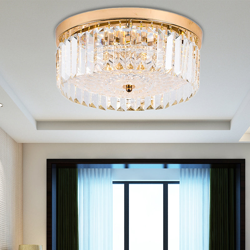 LED Drum Shade Flush Mount Lamp Modernist Metal Flush Ceiling Light with Clear Crystal Prism in Gold Finish, 14"/18" Wide Clearhalo 'Ceiling Lights' 'Close To Ceiling Lights' 'Close to ceiling' 'Flush mount' Lighting' 154964