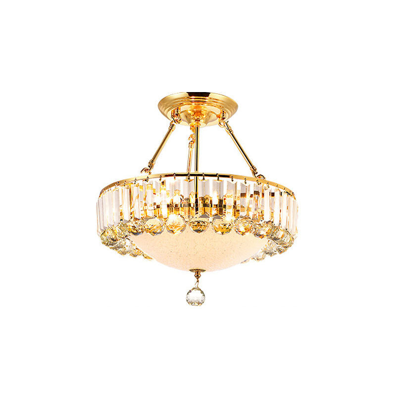 Drum Semi Mount Lighting Vintage Metal and Clear Crystal Ceiling Lighting with Milk Glass Diffuser in Gold Clearhalo 'Ceiling Lights' 'Close To Ceiling Lights' 'Close to ceiling' 'Semi-flushmount' Lighting' 155268