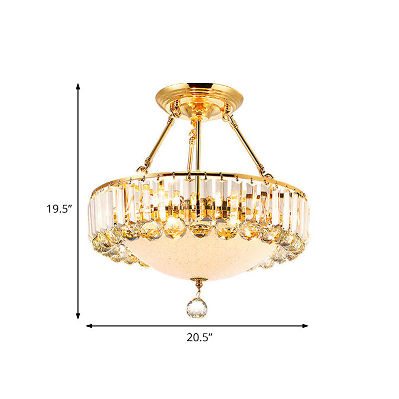 Drum Semi Mount Lighting Vintage Metal and Clear Crystal Ceiling Lighting with Milk Glass Diffuser in Gold Clearhalo 'Ceiling Lights' 'Close To Ceiling Lights' 'Close to ceiling' 'Semi-flushmount' Lighting' 155270