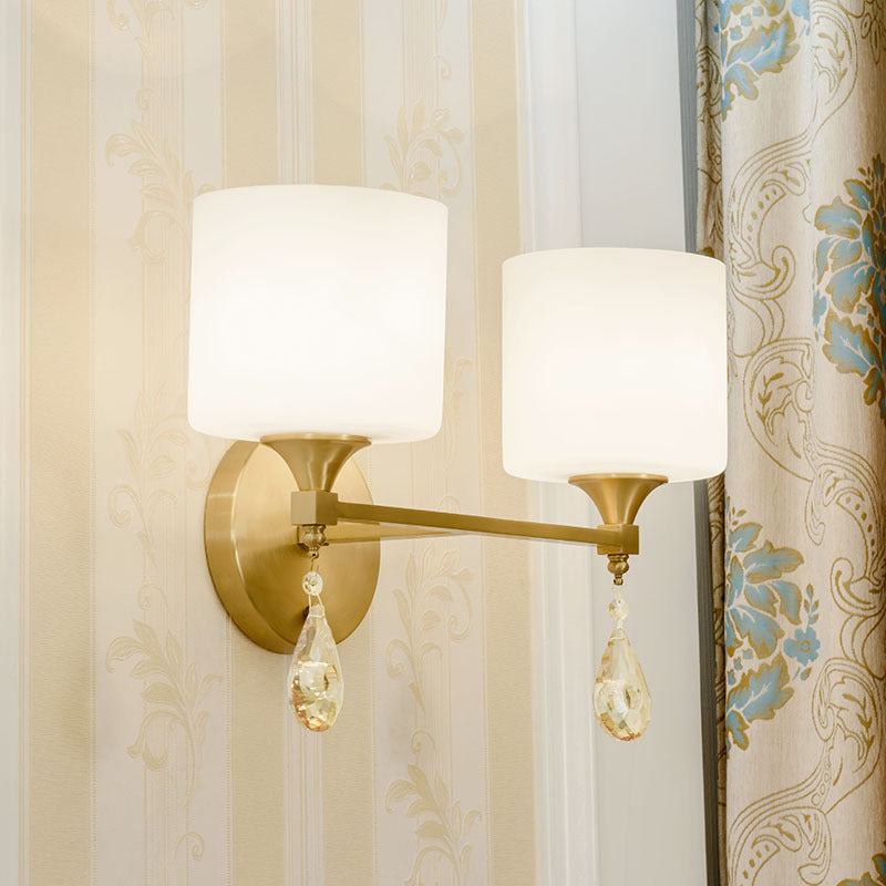 Nordic Style Cylinder Wall Lamp Frosted Glass 1/2-Light Sconce Light with Amber Crystal Drop in Brass 2.0 Brass Clearhalo 'Cast Iron' 'Glass' 'Industrial' 'Modern wall lights' 'Modern' 'Tiffany' 'Traditional wall lights' 'Wall Lamps & Sconces' 'Wall Lights' Lighting' 155541