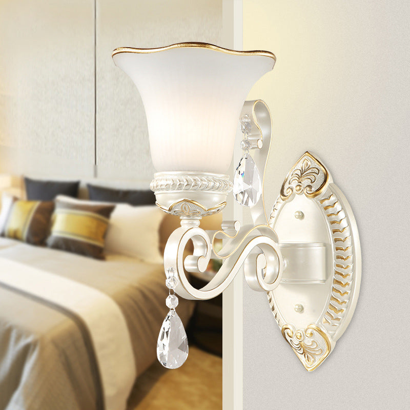 Milk Glass Petal Sconce Light Vintage 1/2-Head Wall Mounted Light with Clear Crystal Accent in White for Bedroom Clearhalo 'Cast Iron' 'Glass' 'Industrial' 'Modern wall lights' 'Modern' 'Tiffany' 'Traditional wall lights' 'Wall Lamps & Sconces' 'Wall Lights' Lighting' 155565