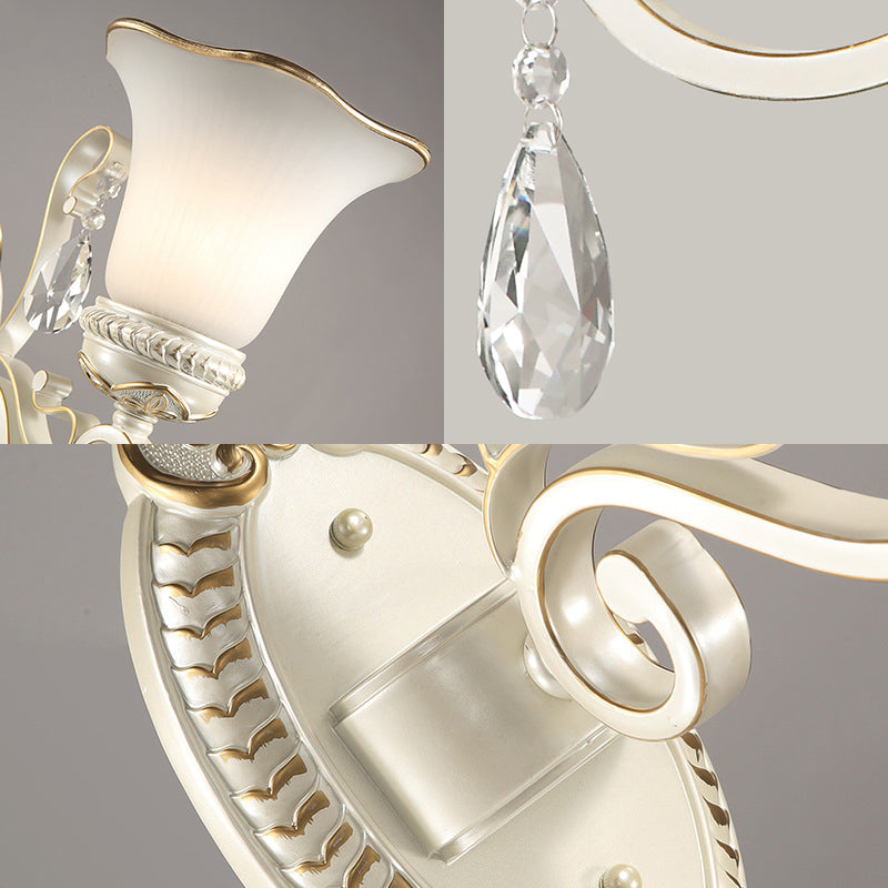 Milk Glass Petal Sconce Light Vintage 1/2-Head Wall Mounted Light with Clear Crystal Accent in White for Bedroom Clearhalo 'Cast Iron' 'Glass' 'Industrial' 'Modern wall lights' 'Modern' 'Tiffany' 'Traditional wall lights' 'Wall Lamps & Sconces' 'Wall Lights' Lighting' 155568