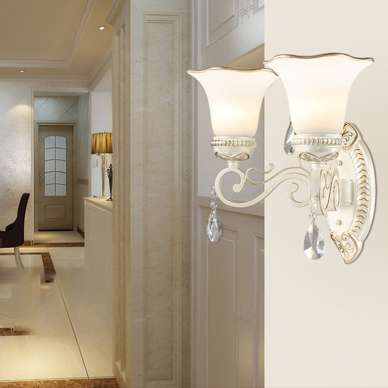 Milk Glass Petal Sconce Light Vintage 1/2-Head Wall Mounted Light with Clear Crystal Accent in White for Bedroom Clearhalo 'Cast Iron' 'Glass' 'Industrial' 'Modern wall lights' 'Modern' 'Tiffany' 'Traditional wall lights' 'Wall Lamps & Sconces' 'Wall Lights' Lighting' 155570