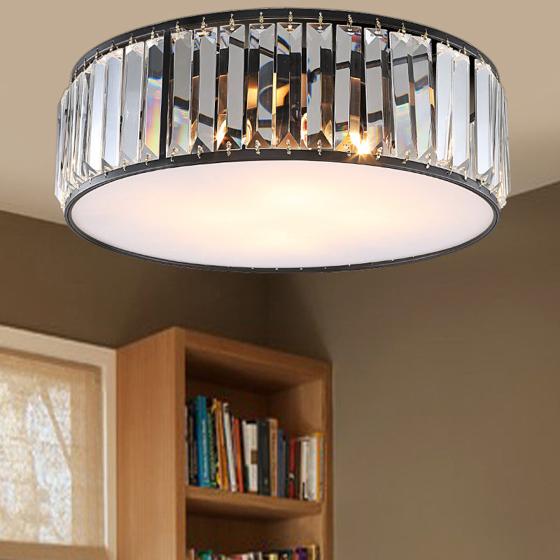Bedroom Drum Flush Mount Lighting Metal Modern Black/Bronze Flush Ceiling Light with Crystal Block, 12.5"/16.5" Width Black 12.5" Clearhalo 'Ceiling Lights' 'Close To Ceiling Lights' 'Close to ceiling' 'Flush mount' Lighting' 155583