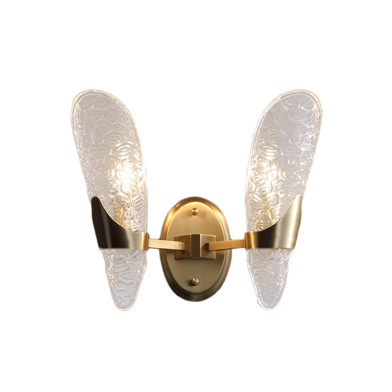 1/2-Bulbs Exposed Wall Lighting Contemporary Textured Glass Sconce Light in Brass for Dining Room Clearhalo 'Modern wall lights' 'Modern' 'Wall Lamps & Sconces' 'Wall Lights' Lighting' 155635