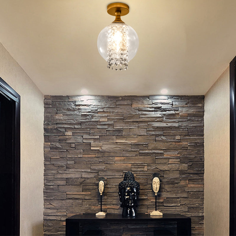 1 Bulb Globe/Cylinder Semi Flush Light Modern Glass and Metal Ceiling Light with Crystal Bead Accent in Brass Finish Brass Globe Clearhalo 'Ceiling Lights' 'Close To Ceiling Lights' 'Close to ceiling' 'Semi-flushmount' Lighting' 155638