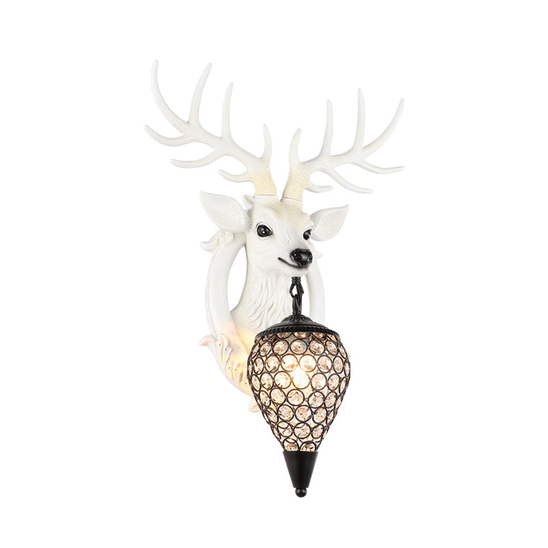 Brown/White Elk Wall Light Lodge Style Resin 1 Light Wall Mounted Light with Crystal Lantern Shade for Bedroom Clearhalo 'Wall Lamps & Sconces' 'Wall Lights' Lighting' 155648