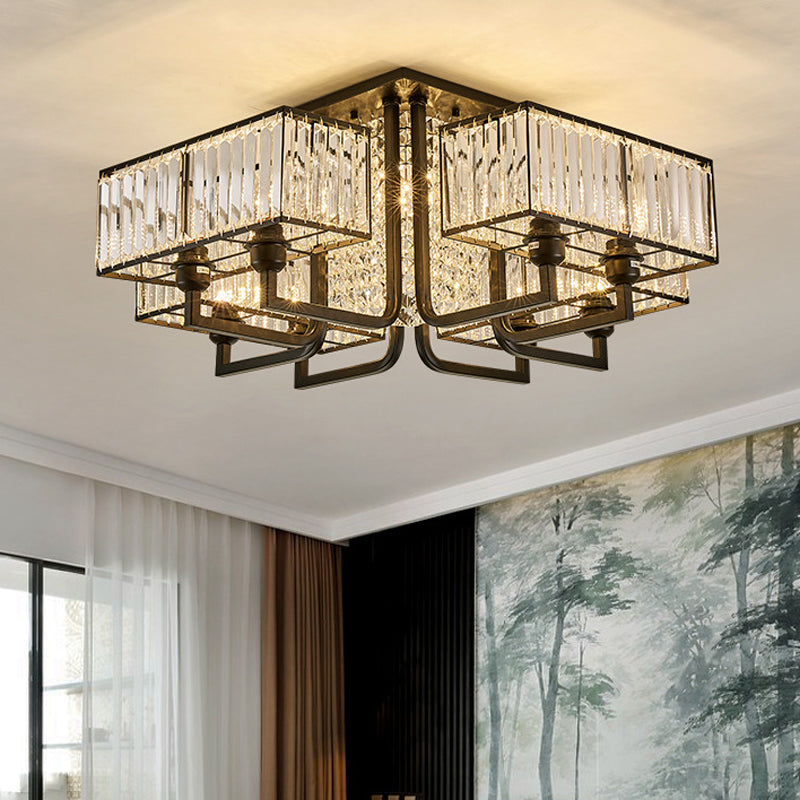 5/9/13 Lights Cubic Semi Flush Light Modern Metal and Clear Crystal Ceiling Mounted Fixture in Black 9 Black Clearhalo 'Ceiling Lights' 'Close To Ceiling Lights' 'Close to ceiling' 'Flush mount' Lighting' 155708