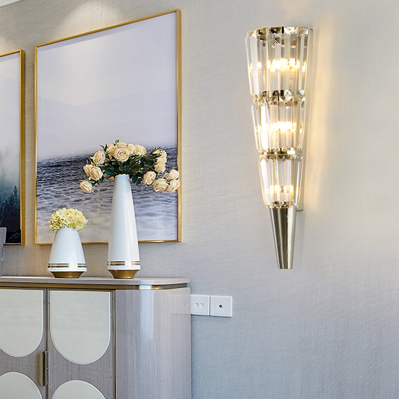 Living Room Tiered Wall Light Fixture with Crystal Block Modern Style LED Wall Lamp in Nickel Finish, 6"/8.5" Width Clearhalo 'Cast Iron' 'Glass' 'Industrial' 'Modern wall lights' 'Modern' 'Tiffany' 'Traditional wall lights' 'Wall Lamps & Sconces' 'Wall Lights' Lighting' 155730